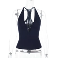 Detaillierte Vorderansicht der marineblauen Halterneck-Weste mit tiefem V-Ausschnitt - XS / Marineblau