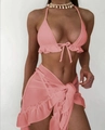 Dettaglio bikini rosa a sbalzo con volant e gonna a portafoglio in mesh abbinata - Rosa Pesca