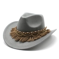Detail of grey felt cowboy hat with layered tassels and golden chain decorations - M (56-58cm) / Light Gray