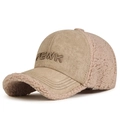 Khaki lambswool and suede baseball cap with PEWK 3D embroidery and warm fuzzy finish - Adjustable / Dark Camel