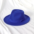Detail of royal blue felt fedora with matching satin ribbon bow on white fabric - 58cm (Adult) / Blue