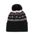 Dettaglio del berretto invernale in maglia con motivi a fiocchi e pompon in pelliccia - M (56-58cm) / Nero