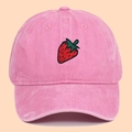 Pink washed cotton baseball cap with strawberry embroidery and adjustable back strap - Adjustable / Pink