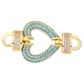 Detailed close-up of a heart-shaped jewelry clasp set with blue turquoise and white zircons - Style-12 (Gold Blue Gem Heart)