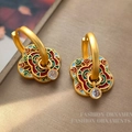 Golden enamel hoop earrings with colorful floral patterns and round clear zircon drops - T2365 Style / Gold Clear Zircon