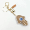 Hamsa Hand keychain with blue evil eye, gold rhinestones and brown fringe tassel - Khaki