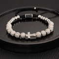 Silver beaded cross bracelet with micro-pave cubic zirconia and black adjustable cord - Steel Color Cross Zirconia Ball Bracelet