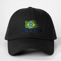 Detailed close-up of blue BRASIL embroidery and flag on a black cotton baseball cap - Adjustable / Black