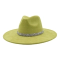 Detailed macro view of vibrant lime green suede fedora with sparkling rhinestone band - 58 / Avocado Green