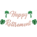 Rosegold Glitzer Happy Retirement Banner mit Palmen für sommerliche Ruhestandsfeier - Happy Retirement Banner (Roségold/Grüne Blätter)