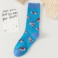 Funny sky blue cotton crew socks featuring cartoon black and white cat patterns - No. 03-Blue Cartoon Cat