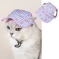 Detail view of strawberry plaid dog sun hat with ear holes and adjustable cord strap - Blue Strawberry Plaid