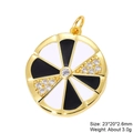 Detailed macro view of a 23mm round gold charm with black and white enamel and zircons - Black White Spoke