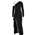 Elegant black one-shoulder long sleeve dress with high slit and ruched detail - S / Black