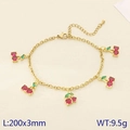 Gold stainless steel bracelet featuring vibrant red cherry charms with green crystal leaves - Five Cherry Charms Style(KB203077-Z)