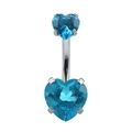 Silver titanium steel belly button ring with heart-shaped blue zircon stones - Lake Blue