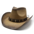 Classic straw cowboy hat with wide brim and leather band featuring ethnic shells and beads - M(56-58cm) / Khaki Brown Gradient