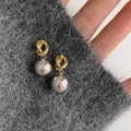 Minimalist knot earrings featuring a gold twisted stud and polished silver sphere pendant - EH0583/Gold Knot Silver Ball Earring