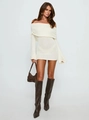 Detail of cream white knit off-shoulder mini dress with long sleeves and hollow texture - S / White