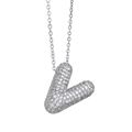 Silver letter V pendant necklace with zircon pavé setting and thin curb chain links - Letter V / Silver