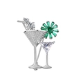 Broche creativo de copa de cóctel con circonitas blancas y adorno de flor de cristal - Plata Circonita Verde