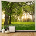 Detail view of forest sunrise wall tapestry with sunlight filtering through green trees - Brushed Fabric / 73X95CM / GT330072 (晨曦光影)