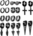 9-pair set of black stainless steel earrings with hoops and punk style cross pendants - Black Punk Cross Long Taper Set (36033)