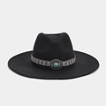 Detail of black wool fedora featuring ethnic woven band and turquoise gemstone accent - M (56-58cm) / Turquoise Hollow Silver Flower Style (Color 11#)
