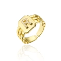 Detailed close-up of 18K gold plated letter R ring with AAA zircon and watchband texture - Letter R