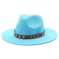 Close-up of teal woven cowboy hat with brown leather band and silver metal studs - M (56-58cm) / Lake Blue