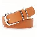 Brown leather leopard style belt with polished silver double rings and metal buckle - Camel