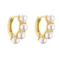 Detail of 18K gold plated hoop earrings featuring four round white inlaid pearls - Gold Four Pearls Hoop Earrings