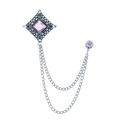 Vintage silver square brooch with pink gem, hollow pattern and long tassel chains - Pink Gem (Antique Silver Base)