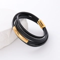 Mehrlagiges schwarzes Lederarmband für Herren mit magnetischem goldenem Edelstahlverschluss - Gold