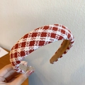 Elegant red and white checkered knit sponge headband with a non-slip velvet lining - Knitted Fabric / Red Plaid