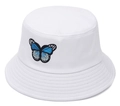 White cotton sun hat with butterfly embroidery, breathable summer fisherman style - White Blue Butterfly Embroidery