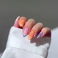 24pcs oval press-on nails featuring orange citrus and blue floral patterns - Bz1493 Flower Morning Moon Night / Glue Type