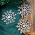 Close-up of three silver glitter snowflake ornaments on a festive green background - 10cm / Silver