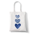 White canvas tote bag featuring artistic blue watercolor heart print on the front - 3 Blue Watercolor Hearts