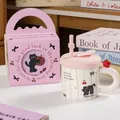 Cute ceramic cat mug set with pink straw and gift box in cream finish for women - Striped Cat - Handheld Gift Box
