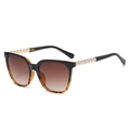 Vintage black and tortoiseshell square sunglasses with pearl chain temple detail - Black Leopard Contrast Frame Pearl Temple Gradient Tea Lens