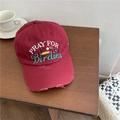 Burgundy distressed cotton baseball cap with PRAY FOR Birdies embroidery detail - Adjustable / Burgundy