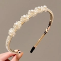 Kids pearl headband featuring elegant cluster design on gold metal frame for girls - Style 11 Six Pearl Flowers
