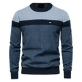 Pull en tricot à col rond pour homme avec rayures grises, bleu marine et bleu sarcelle - M / Bleu Marine