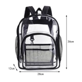 Vista frontal de mochila de PVC transparente con medidas 36x28x12cm y bolsillos de red - Pequeño / Negro