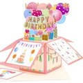 3D pink butterfly pop-up birthday card with colorful balloons and gift box scene - Happy Birthday