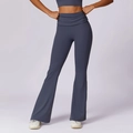 Dark grey blue high waist flared yoga pants with stylish pleated waist details - Dark Blue