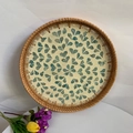 Handwoven rattan round tray featuring creative blue shell leaf pattern inlay - Wicker Blue Leaf / Small 30*3cm
