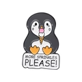 Cartoon penguin enamel pin with 'MORE SPRINKLES PLEASE!' slogan on white background - Penguin Ice Cream