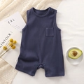 Navy blue sleeveless baby romper in ribbed knit cotton with shoulder buttons - 66 / Navy Blue